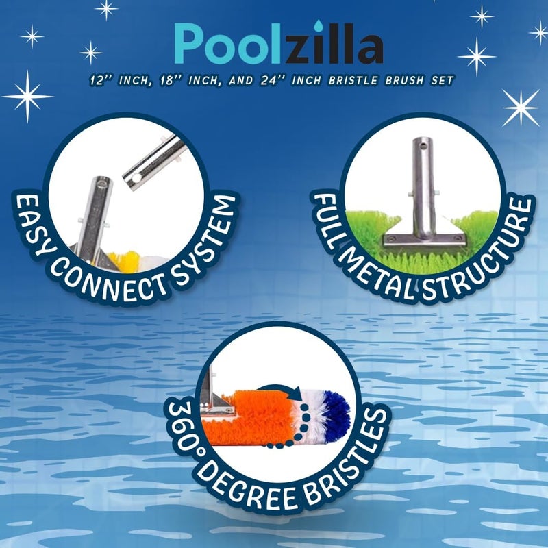 Poolzilla Pool Brush [3 Pack] - 360 Degree Bristles, with 12 Inch, 18 Inch, and 24 Inch for Outdoor and Indoor Swimming Pools, Spas, & Hot Tubs - Image 3